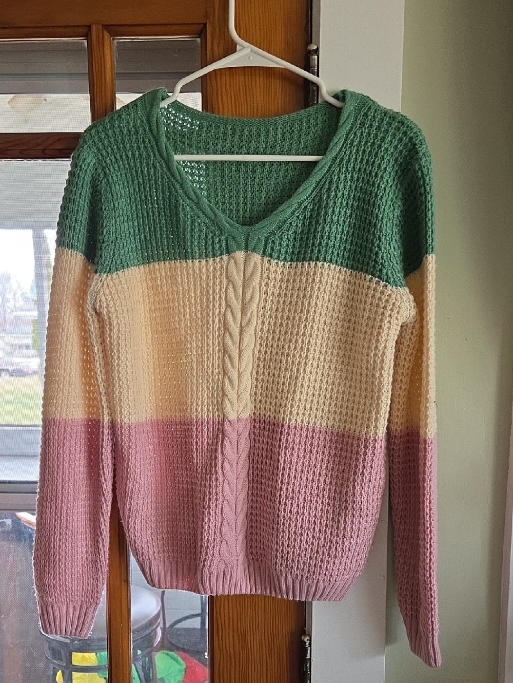 Striped V-Neck Sweater in Green, Cream & Pink